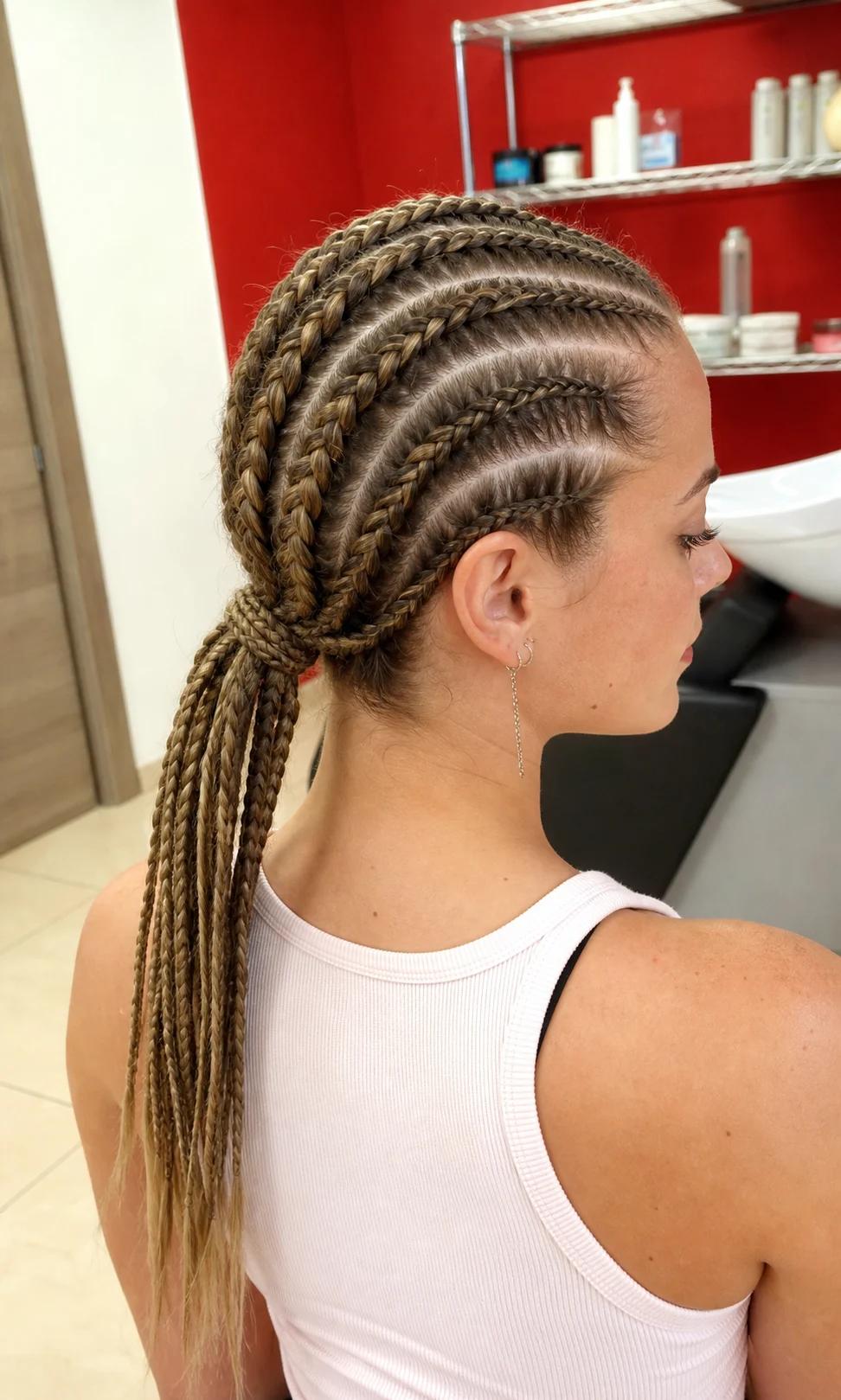 Cornrows da donna raccolte in una coda intrecciata nel salone La Chic